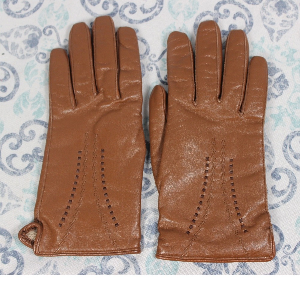 Vintage VEB Johanngeorgenstadt Brown Leather Knit Lined Gloves Size‎ 7 1/4 GDR